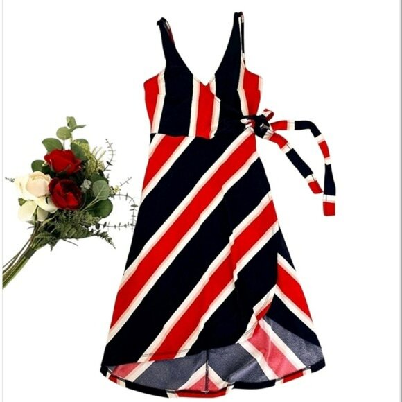 Express Women's Faux Mini Wrap Dress Size Small Navy Blue Red White Sleeveless - Picture 1 of 14